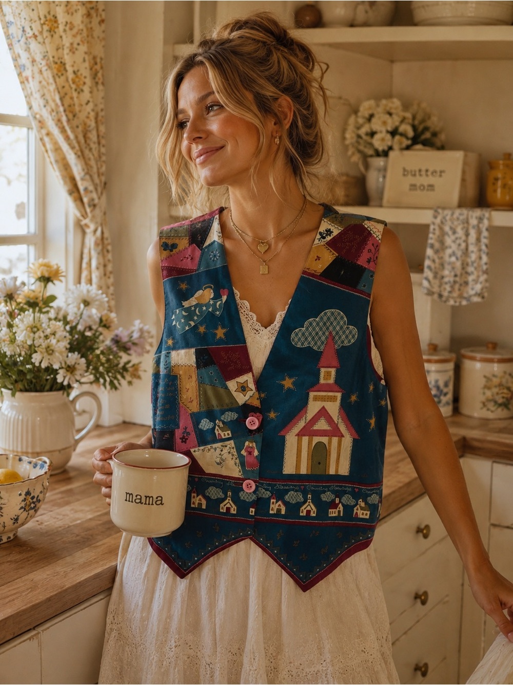 Women’s Handmade Blue Patchwork V-Neck Button Reversible Vest